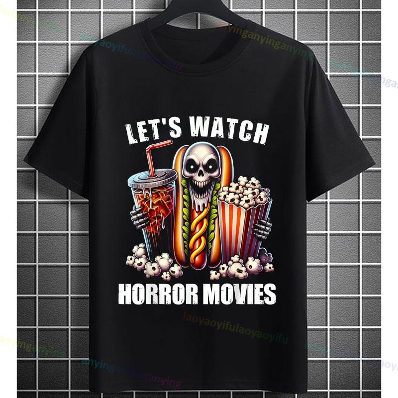 Retro Lets Watch Horror Movies Design Halloween Movie Lovers Graphic Tshirt Short Sleeve 100cotton Originality Casual Tshirt