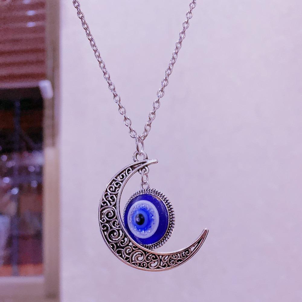 Trendy Personality Turkish Blue Eyes Hollowed-out Pattern Crescent Moon Sun Evil Eye Pendant Necklace for Women Men Jewelry Gift