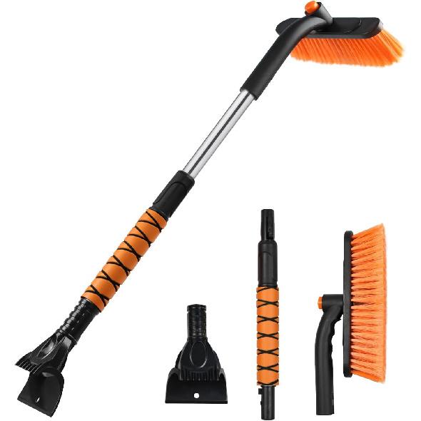 33" Extendable Snow Brush And Ice Scraper For Car Windshield, 2-In-1 Car Snow Brush & Ice Scraper With 360° Pivoting Brush Head And Comfortable Foam