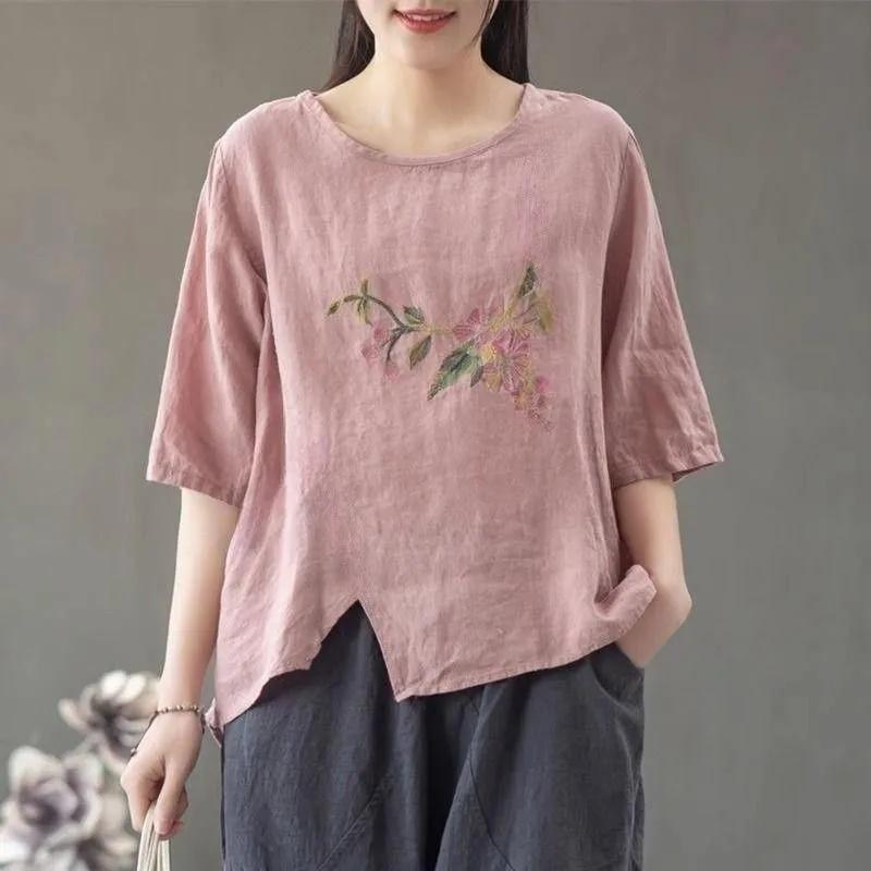 Women's Summer Artistic Loose Chinese Ethnic Style T-shirt Thin Embroidered Comfortable Top
