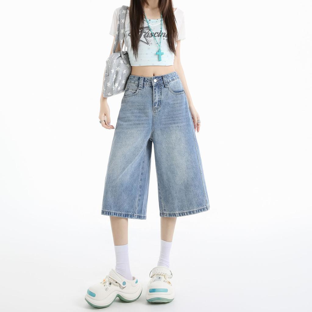 Modische Petite-freundliche gerade Denim-Capri-Hose für Damen Sommer Locker Weiter Bein High Street Schlankmachend Vielseitig Freizeitkleidung