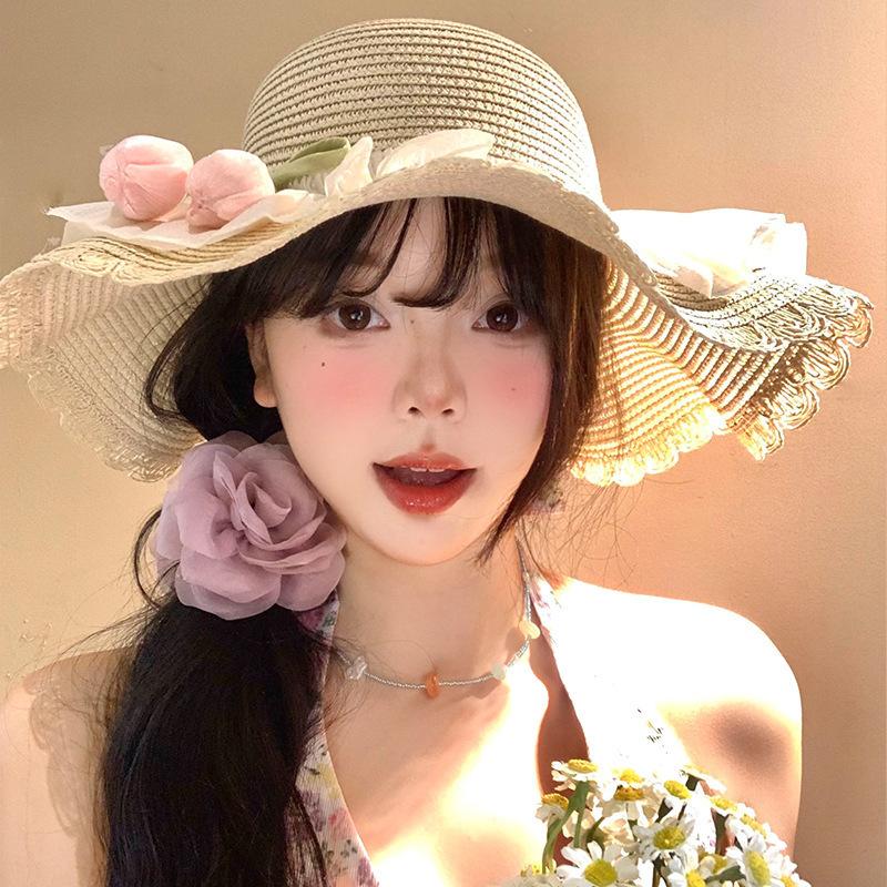 Big Brim Sun Hat Seaside Beach Idyllic Forest Bow Streamer Straw Hat Female Summer Flower Tulip