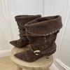 ~ Retro Niche Suede String Flanged Stiletto Cat And Western Cowboy Boots Women'S Short Boots Skinny Boots