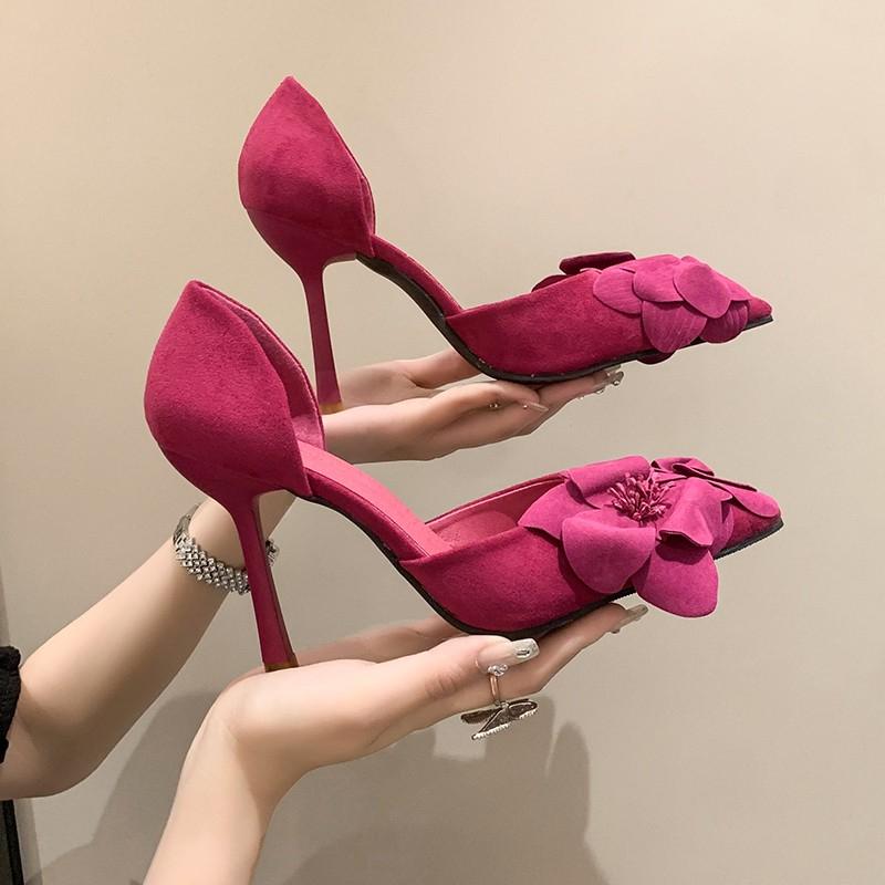 Women's Slim Heel Shoes Spring New Pointed Head Shallow Mouth Suede Flower Slip-on Wear-resistant High Heels
