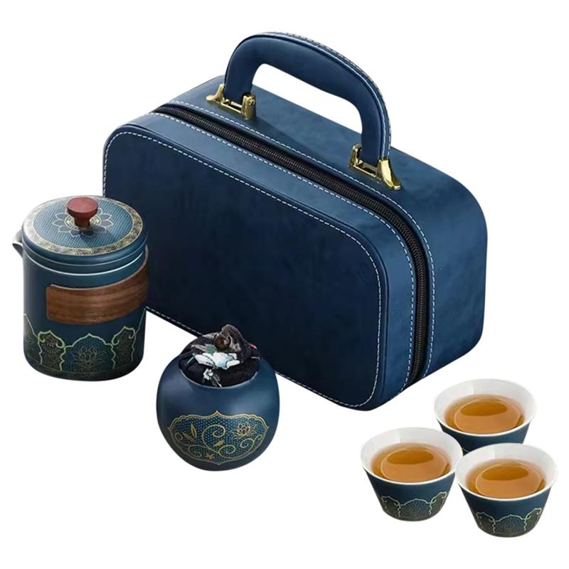 A25F- Travel Tea Set 1Set-Portable Teapot Tea Canister Tea Cup Outdoor Quick Cup Leather Carry Bag
