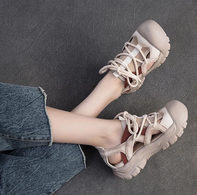 4CM Women Sandals Weave Genuine Leather Moccasins Fashion Summer Natural Platform Falts Chunky Sneakers Slip on Hollow Shoes