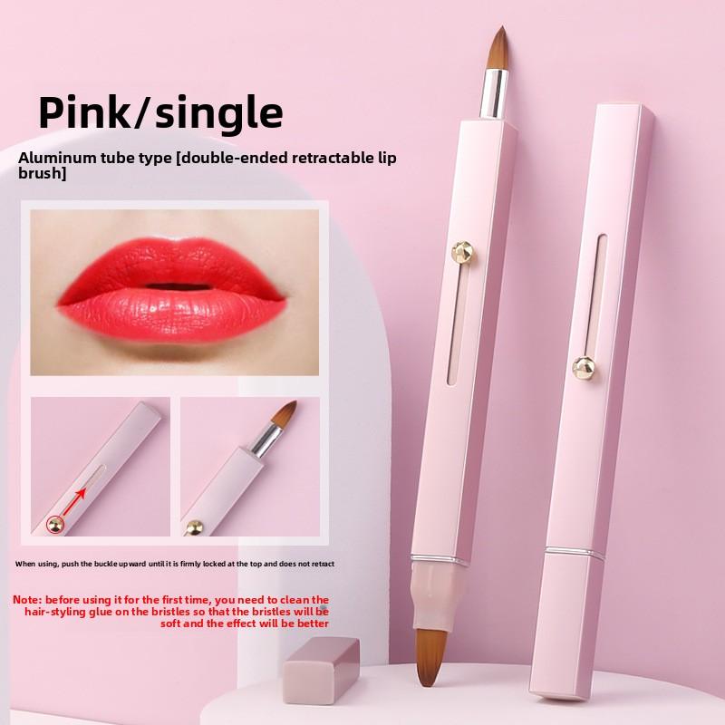 Retractable double-head lipstick brush portable with cover nylon lip brush lip liner brush makeup tool for lip розовый