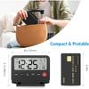 Small Digital Travel Alarm Clock, Black, Foldable Calendar Temperature Timer LCD Desk Clock, Snooze, 9 Alarm Sounds, Backlight, AAA Battery Operated