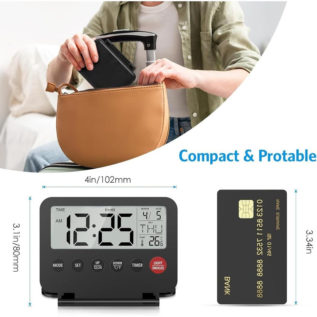 Small Digital Travel Alarm Clock, Black, Foldable Calendar Temperature Timer LCD Desk Clock, Snooze, 9 Alarm Sounds, Backlight, AAA Battery Operated