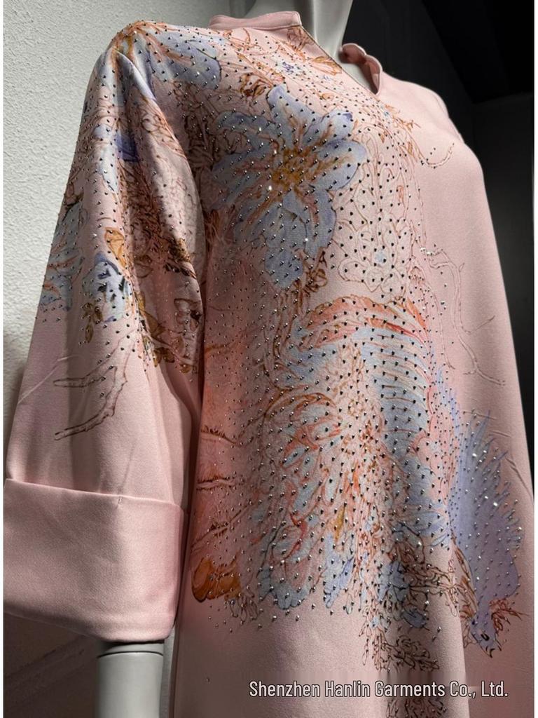 SM003 Muslimisches Jalabiya-Print-Langarmkleid mit Heißbohren - Damenbekleidung im Dubai-Stil