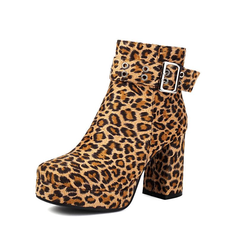 Grobe Absatz-Leopardenmuster Sexy Martin-Stiefel Kurz Europäisch Schöne Damenstiefel Wasserdicht Tisch Große Größe Lässig Vielseitig -