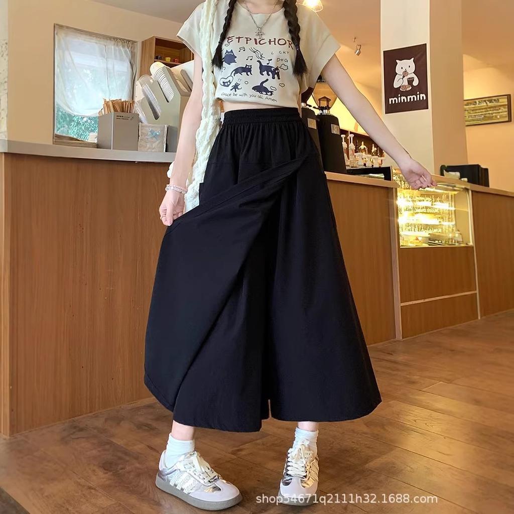 Girls Chic Elastic High Waisted Long Pants Lady Comfortable Wide Leg Trousers Women Korean Fashion Solid Color Slacks