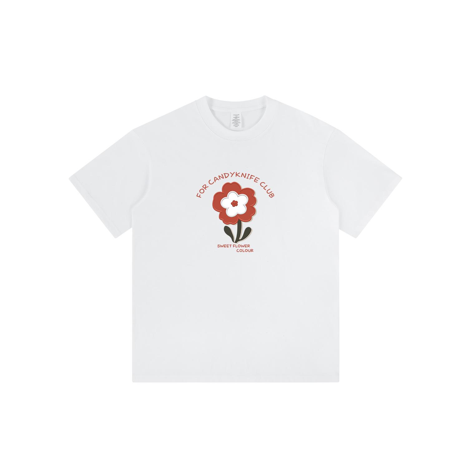 

Женская летняя хлопковая футболка с цветочным принтом: Свободный крой, круглый вырез, короткий рукав, модный американский дизайн S белый