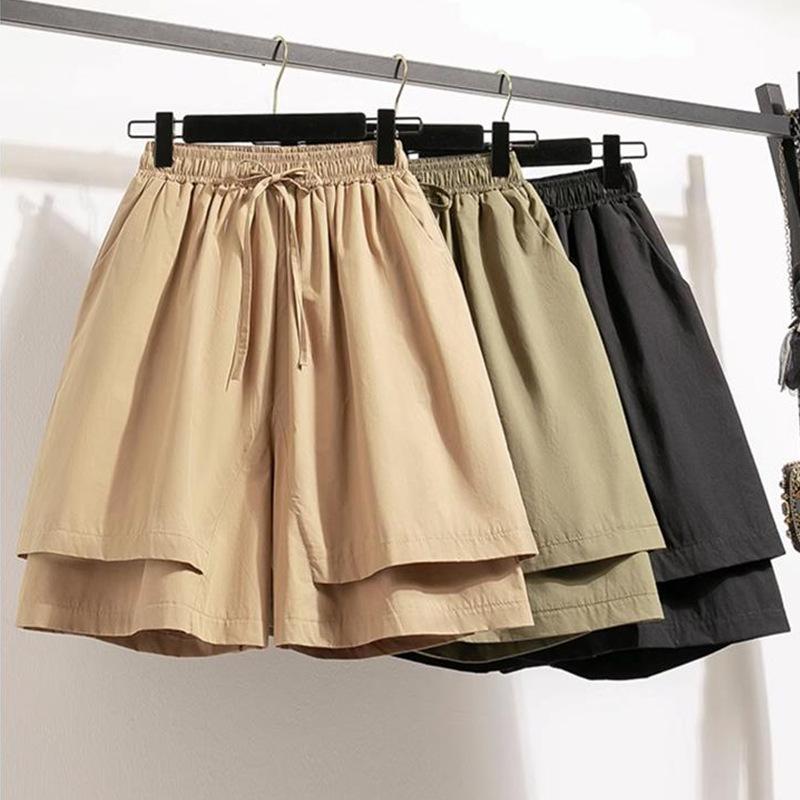 Women's Khaki Wide-Leg A-Line Shorts - Summer 2025 Collection, Loose Fit, Lightweight, Large Size, Five-Point Length