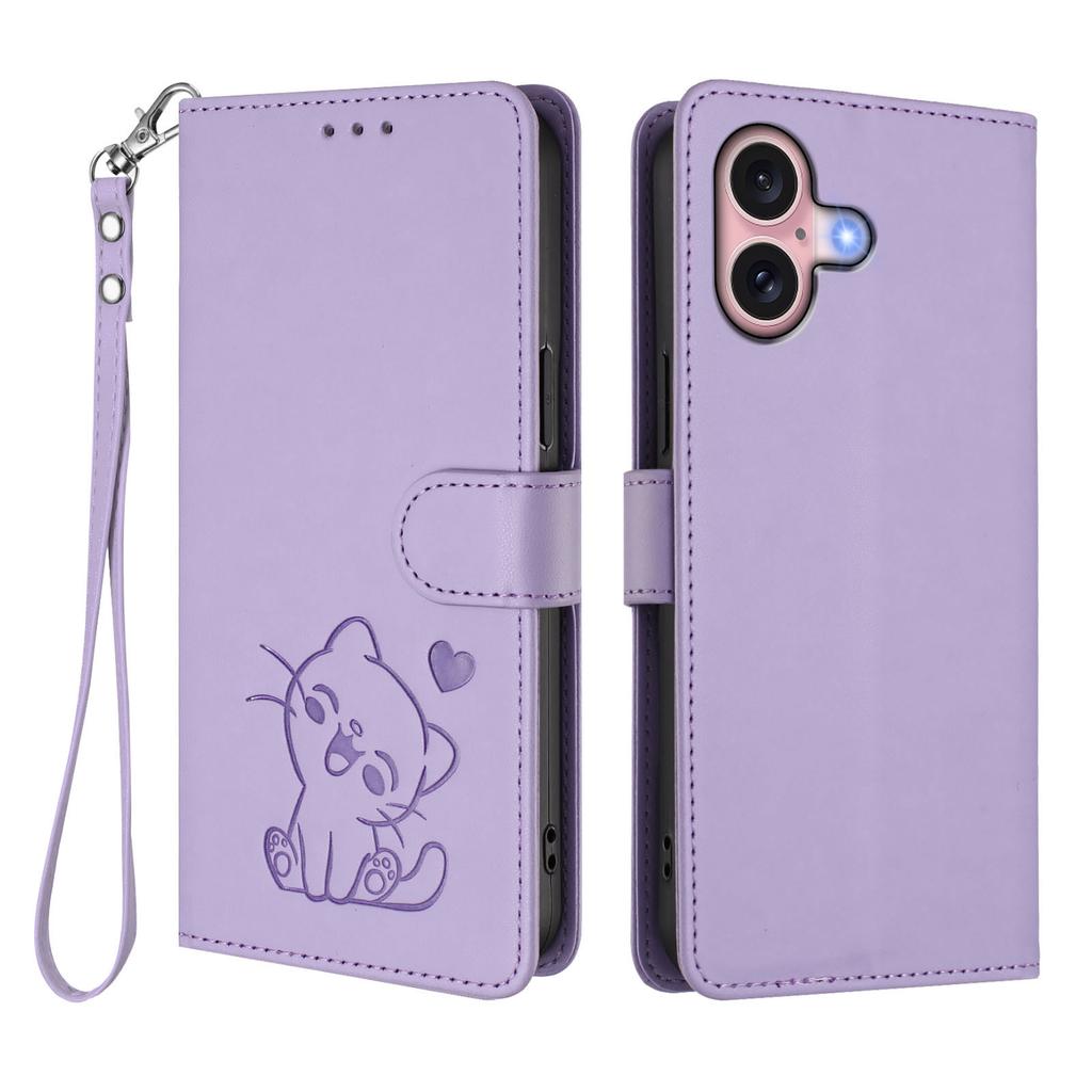 For iPhone 16 Wallet Case with Wrist Strap Love Cat Pattern Imprint Leather Phone Cover