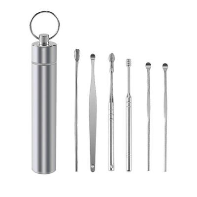 Conjunto Portátil 6 em 1 para Limpeza de Cera de Ouvido Aço Inoxidável Limpador de Ouvido Removedor de Cera de Ouvido Ferramenta Espiral para Limpeza de Ouvido com Caixa de Armazenamento