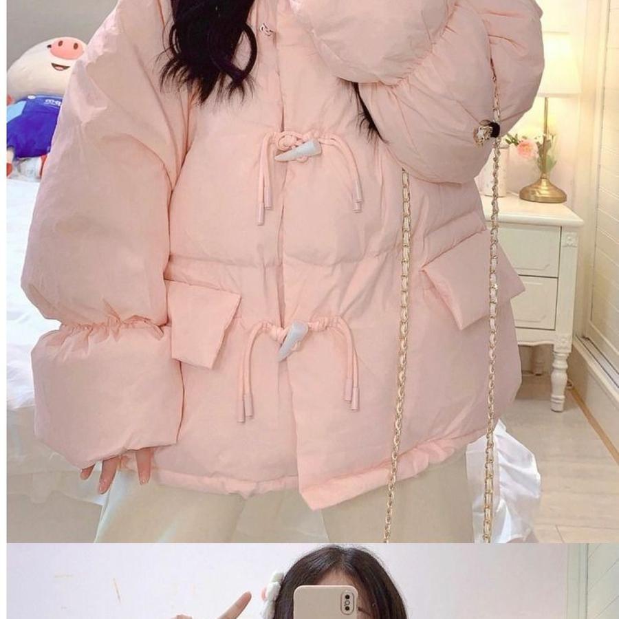 Women's Winter Korean Style Buckle Coat Cotton Padded Jacket with Fleece Lining