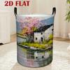 1pc Round Laundry Basket | Polyester, Double-Sided with Handles, 2D Flat Jiangnan Cherry Blossom Scenery Print, Foldable, Ideal for Living Room, Bedro
