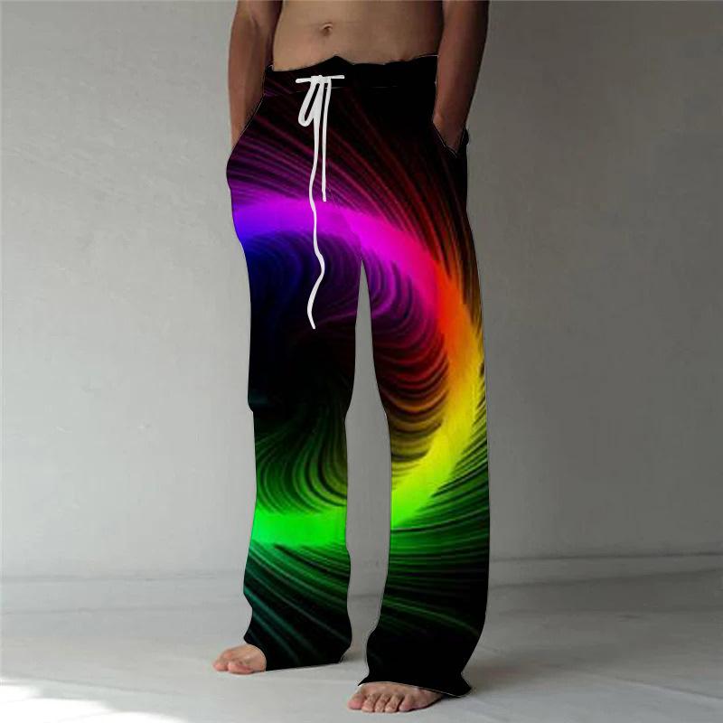 Nové kalhoty 3D kreativní potisk ležérní pánské volné stahovací lněné kalhoty se širokými nohavicemi