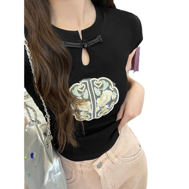 

Новый китайский стиль Китайский стиль Женская новая женская футболка с коротким рукавом Летний плиссированный топ с украшением на талии XL