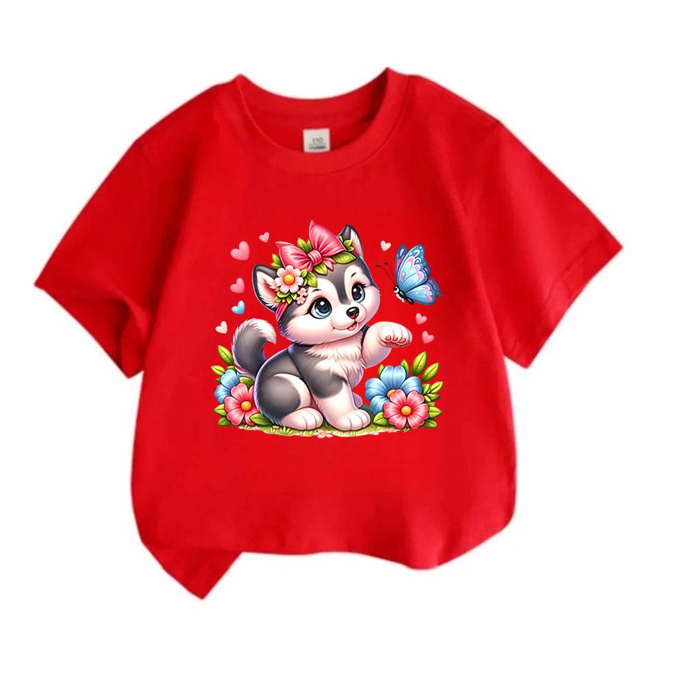 Kids Boys Girls 100% Cotton Crew Neck Short Sleeve T-Shirt, Cute Husky Puppy with Bow Flower Butterfly Print Casual Soft Summer Tee Tops for Children