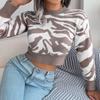 Fashionable Tiger Print Long Sleeve Navel-baring Knitted Sweater