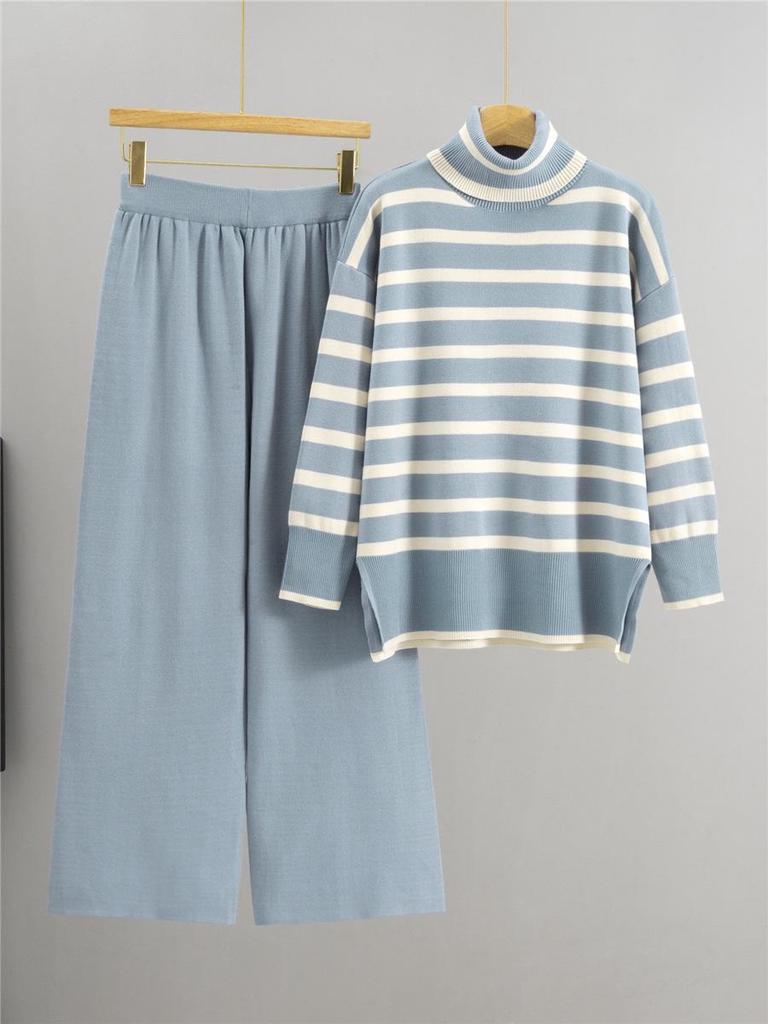 Women's Striped Knit Sweater & Wide-Leg Pants Casual Two-Piece Set for Autumn/Winter