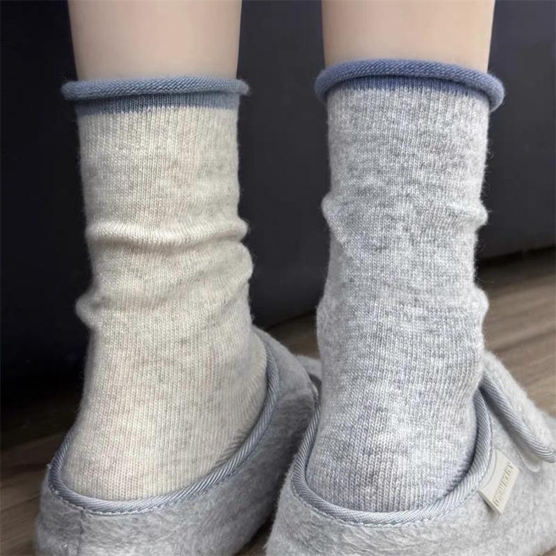 Lazy Wind~ Korean Curled Hem Contrasting Piles Of Socks Soft And Waxy Warm Wool Socks Are Easy To Wear For Versatile Socks For Women