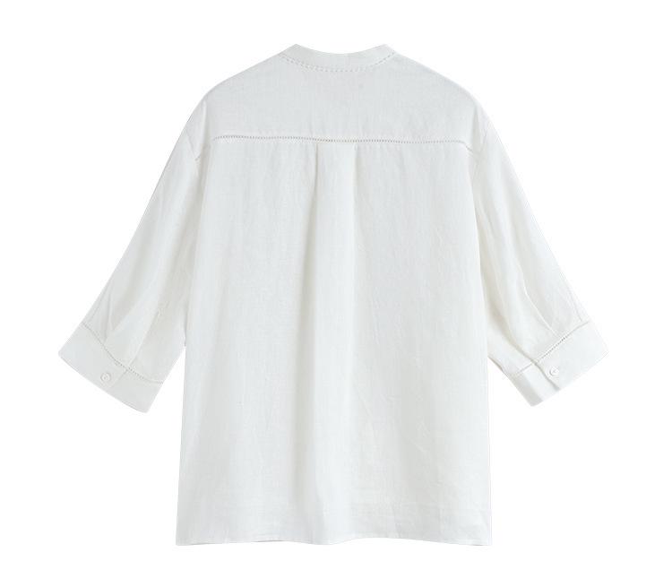 E* Order Women's White Linen Stand Collar 3/4 Sleeve Shirt - 2026 Early Spring French Style