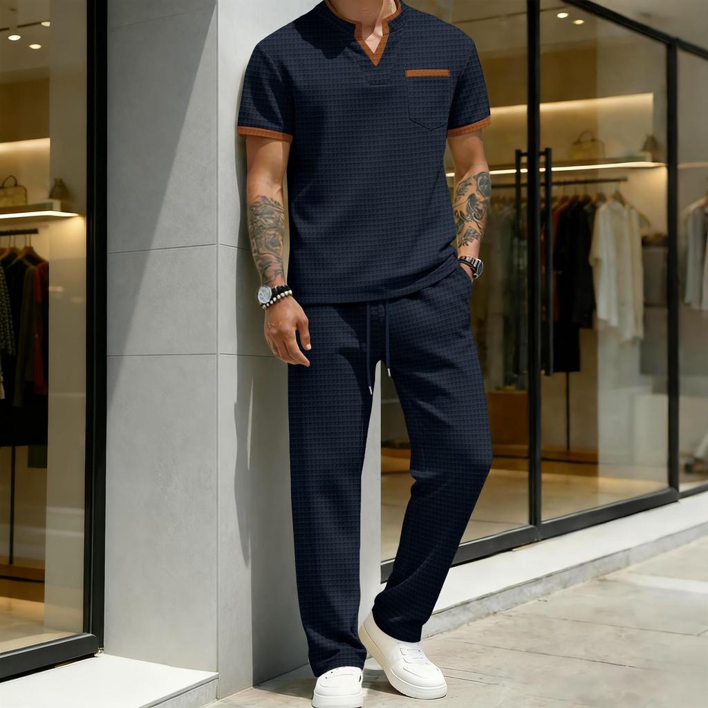 Men's Plaid Color-Block Casual Suit with Short Sleeve V-neck T-shirt and Long Pants