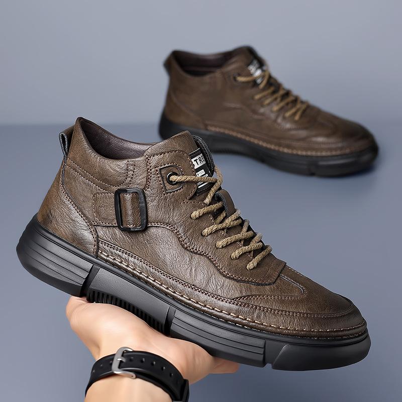 2025 new men's shoes retro Martin boots thermal velvet cotton shoes genuine leather trend men's short boots casual leather shoes