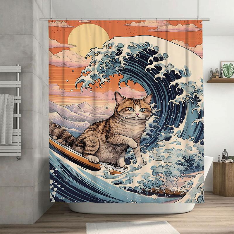 

Ocean Wave Cat Surfboard Shower Curtain Tidal Striped Feline Indoor Bathroom Decor Fabric Customizable Home Decor Artistic Moder 90x180cm