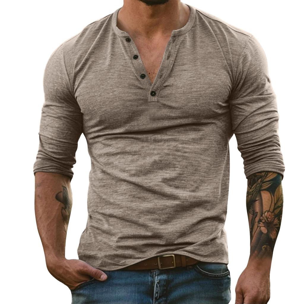 Men's Solid Color Long Sleeve Button Collar Long Sleeve T-Shirt Men's Casual Fashion Top