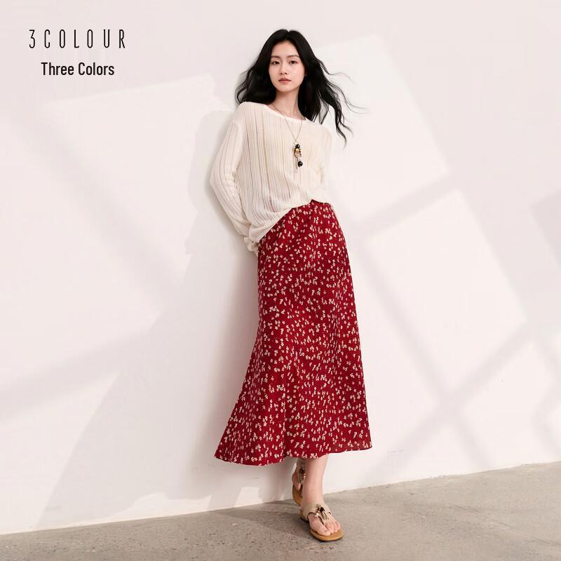 Sancai 2026 Summer Floral High-Waist A-Line Long Skirt S