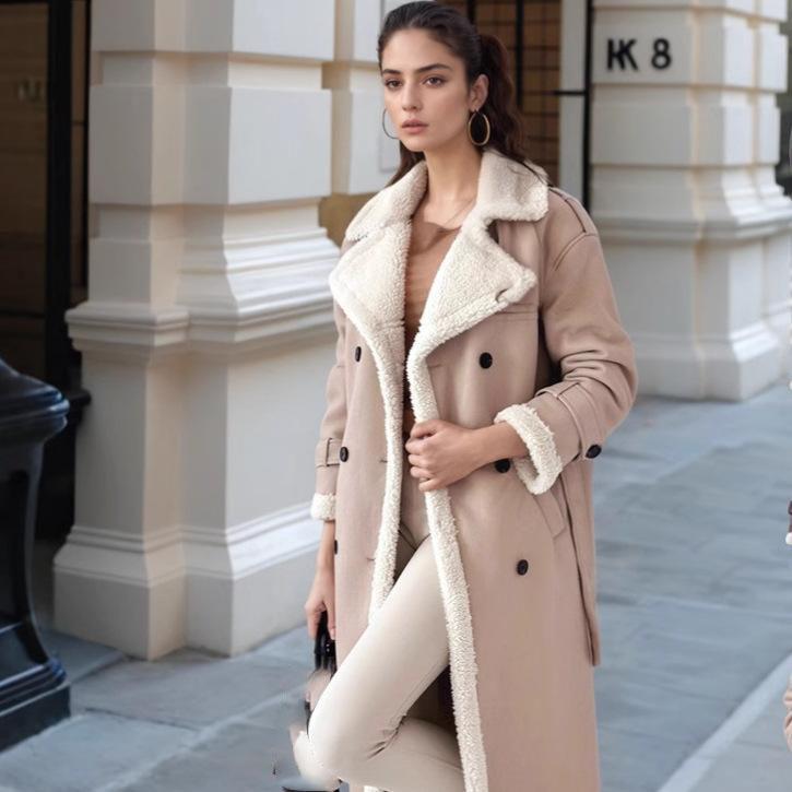 Women Autumn Winter Loose Long Sleeve Coat Pu Faux Leather Plush Jackets Outwear Double-breasted Trench Overcoats