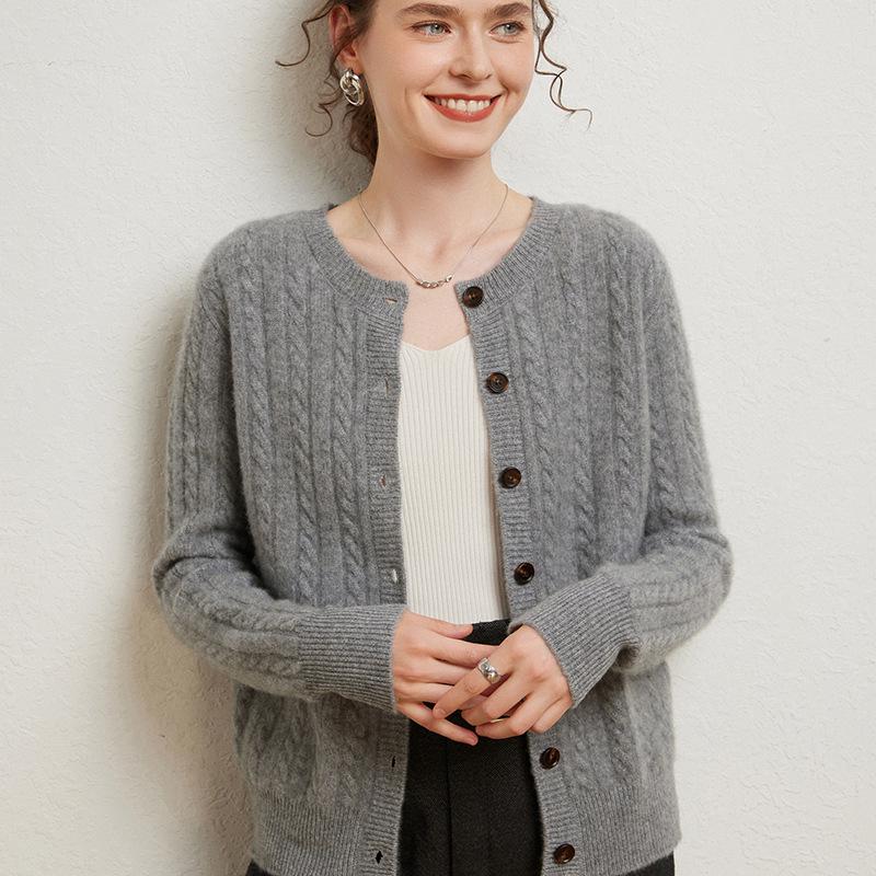 Women's Slimming Cable Knit Cashmere Cardigan - Long Sleeve, Warm, Round Neck, Single-Breasted