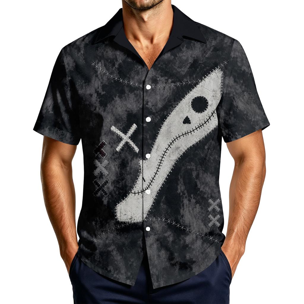 Men's Casual Short Sleeve Halloween Print Button Down Shirt