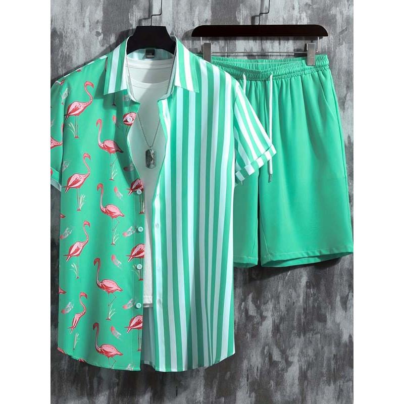 

Men s Short Sleeved Shirt Beach Shorts Set Print Stylish Men s Casual Shirt Summer Party Men s Shorts XXL зелений