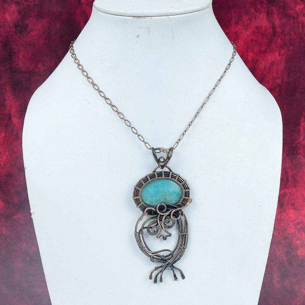 Amazonite Natural Gemstone Pendant Copper Wire Wrapped Pendant Handmade Jewelry