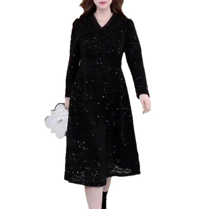 Spring Light Luxury Lace Evening Gown - Plus Size, Long Sleeve, Shiny Casual Dress for Women