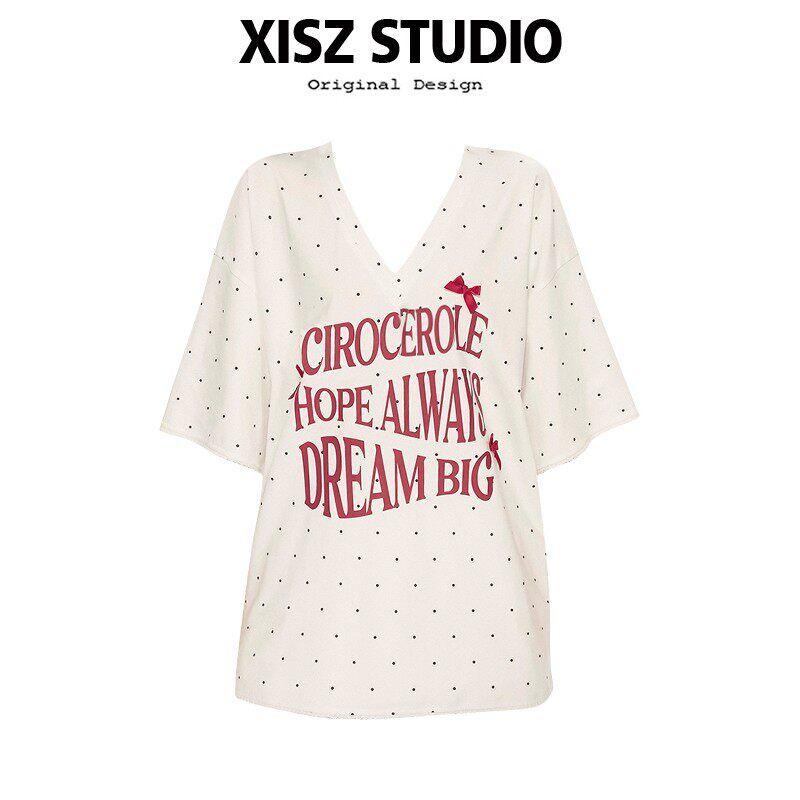 

American Fashion Brand White Polka Dot T-Shirt Women s Summer V Neck Print Loose Slimming Sense of Design Sweet and Spicy Short Sleeve Tops Black Wave Dots [High Quality] S
