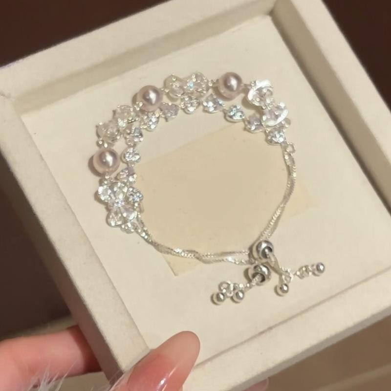 Starfall Rhinestone Bow & Heart Pearl Bracelet