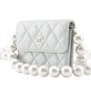 CHANEL Pearl strap flap wallet Shoulder Bag AP1838 Matelasse light blue leather/Fake pearl Women Used