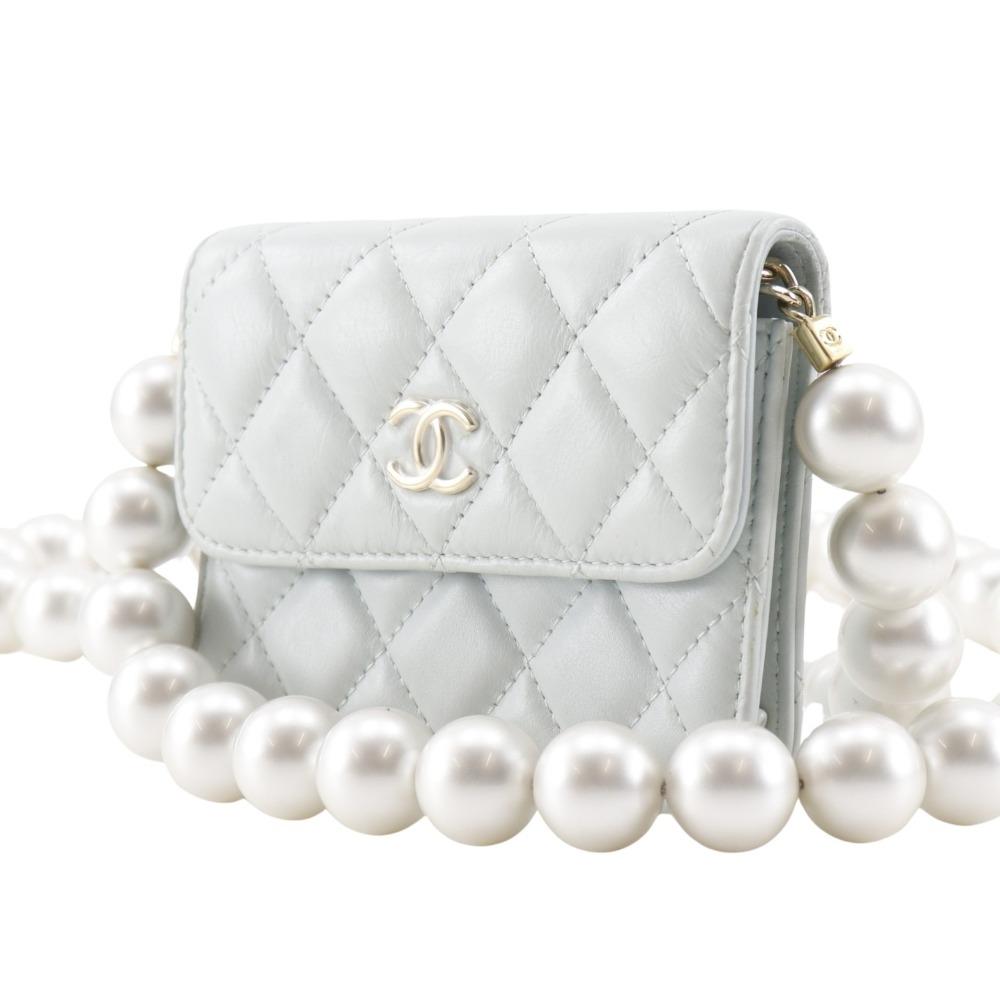CHANEL Pearl strap flap wallet Shoulder Bag AP1838 Matelasse light blue leather/Fake pearl Women Used