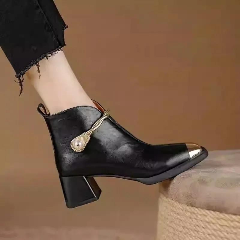 New Spring and Autumn Chelsea Boots for Women with Square Toe Metal High Heels Ankle Boots Side Zip Sexy Botines Para Mujeres