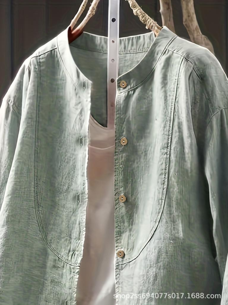 2025 Herbst Retro Künstlerisch Locker Geschnitten Leinen Stehkragen Strickjacke Hemd