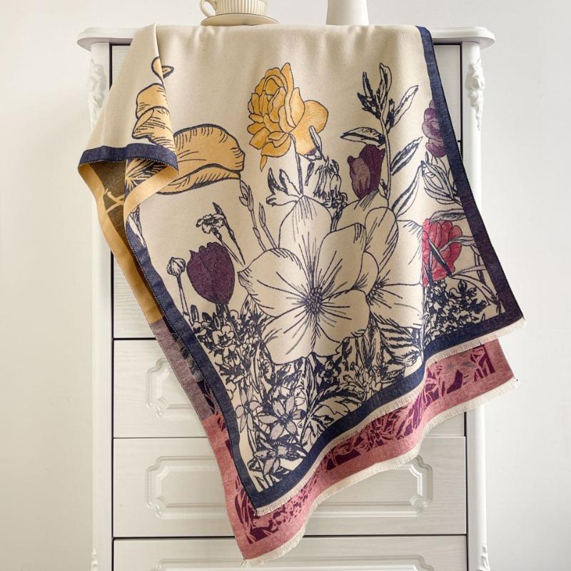 Double-sided contrasting color flower scarf women's high-end sense autumn and winter new printed warm thickened long shawl