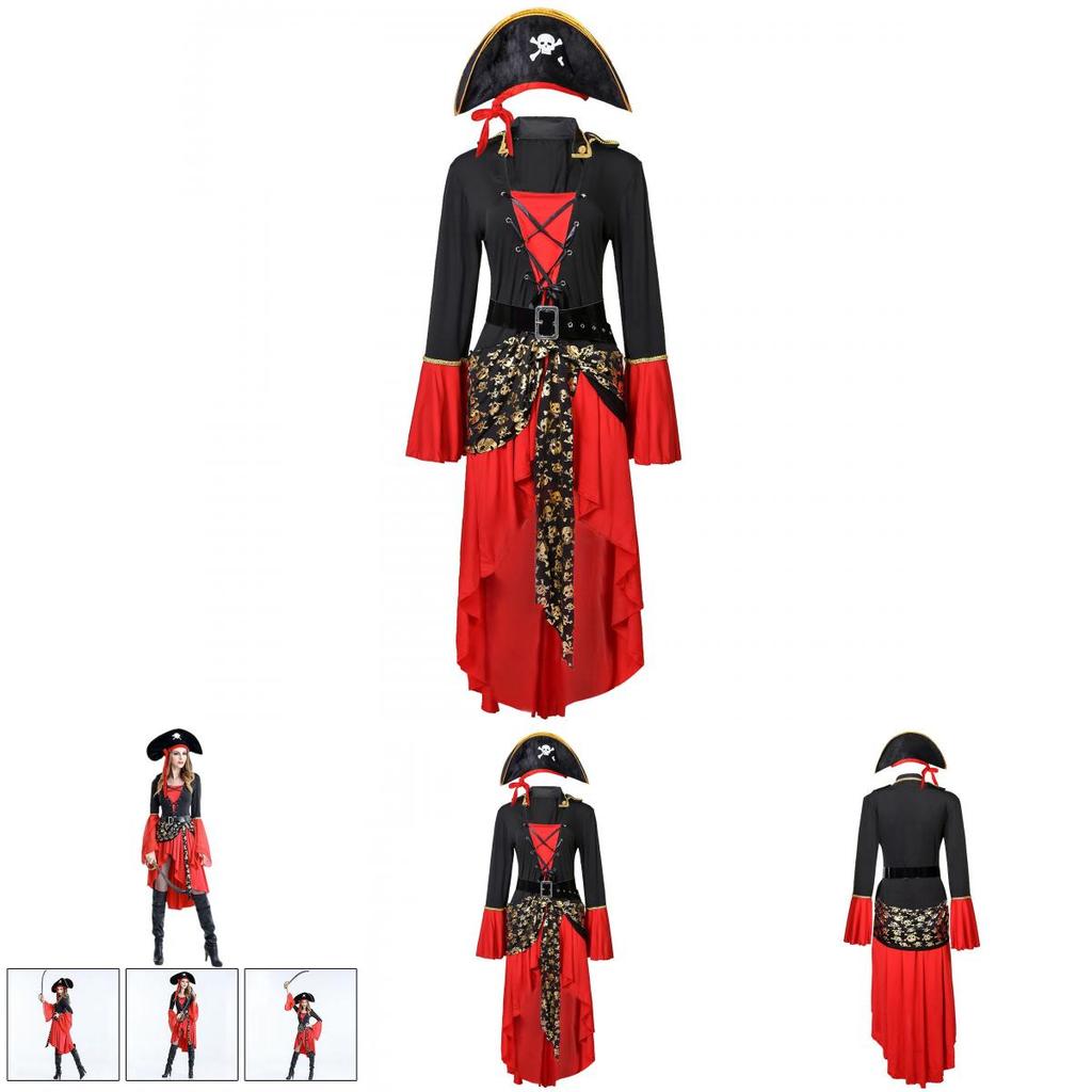 Damen Piratenkostüm Set Mit Rotem Kleid Hut Und Gürtel Perfekt Für Halloween Partys
