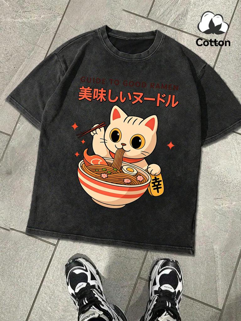 Guide To Good Ramen Print Washed TShirt For Men Summer Loose ONeck Tee Soft Cotton Clothing Unisex Fashion Short Sleeve