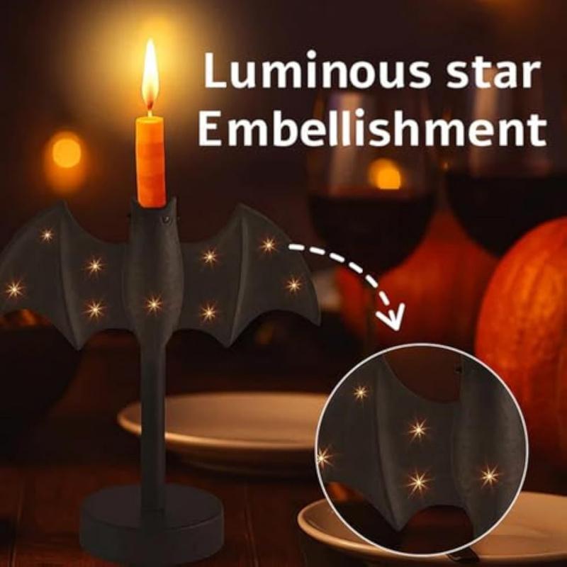 Glitter Bat Candle Holder,Halloween Candle Holder Centerpiece with LED Flash Lamp,Gothic Bat Candle Holder Fireplace Decoration